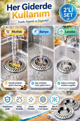 2'li Seyyar Paslanmaz Çelik Lavabo Süzgeci 7 Cm Gider Filtresi Mutfak Banyo Tıkanma Önleyici