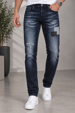 Cedy Denim Cedy Denım Erkek Slim Fit Deri & Denim Yama Detaylı Yırtıklı Jean Pantolon Vintage Eskitme Tasarım Kot Ct1220-lacivert Lacıvert