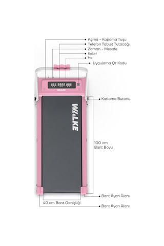 Walke W-fit Pink Bluetoothlu Uygulamalı Uzaktan Kumandalı Koşu Bandı Yürüyüş Bandı Pembe