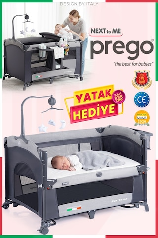 Prego Next To Me 10in1 Anne Yanı Park Yatak Oyun Parkı Sallanır Beşik Yana Açılır 70x120 Cm + Yatak Hediye