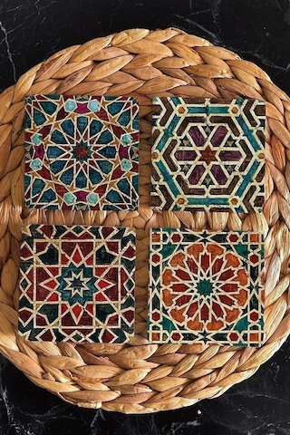 Doğal Taş Bardak Altlığı 4'lü Set 10x10x1 Cm Geometrik Desenler - Stone Coasters Çok Renkli