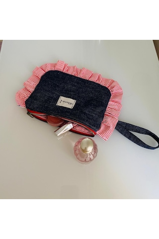 İdiluna Kırmızı Fırfırlı, Kulplu Lacivert Denim Makyaj Çantası / Clutch Lacivert - Kırmızı