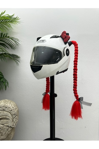 Motor & Motosiklet Kırmızı Simli Çift Örgü Saç Ve Kırmızı Fiyonklu Kedi Kulak Set Kask Dış Aksesuarı Diğer
