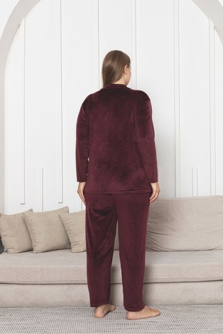Büyük Beden Boydan Düğmeli Kadife Pijama Takımı Bordo
