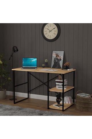 Asra Trend Safir Meşe Desen Metalçm01 Raflı Metal Çalışma Masası 120x60 Cm 2 Katlı Yan Raflı Bilgisayar Masası Çok Renkli