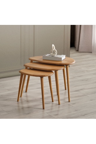 Masif Doğal Ahşap Zigon Sehpa 3'lü Set, Modern Masif Yan