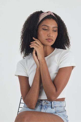 Beyaz Kısa Kol Bisiklet Yaka Vücuda Oturan Kaşkorse Crop + Bandana Set %100 Pamumklu, Esnek Rahat Beyaz-gül Kurusu-bej