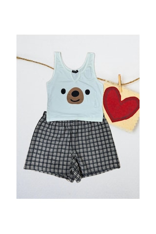 Pazarız Pembecin Şortlu Pijama Takımı Babydol İp Askılı Yazlık Pamuklu Kolsuz Beyaz Ayıcık Beyaz