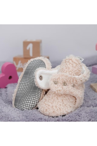 Teddy Bebek Pandufu, Kaydırmaz Taban, Organik Pamuk Astar, Ev Kreş Ayakkabısı Beyaz - Turkuaz