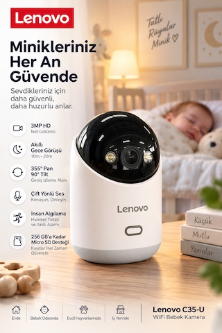 Lenovo Ev Kamerası Bebek Kamerası 2k 3mp, Wifi, Sesli, 360 Ptz, Mobil Kontrol, Hareket Takip, Iç Mekan Kamera Lnvc35u
