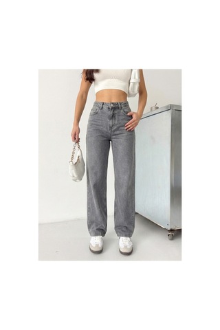 Kene Jeans Kadın Yüksek Bel Kar Siyah Boyfriend Bol Paça Denim Kot Pantolon Kar Siyah