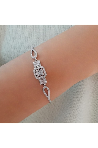 Baget Taşlı Gümüş Bileklik Kare Divan Rodyum (528167774)