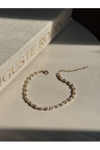 İnci Ve Altın Renk Boncuklu Kadın Halhal Ayarlanabilir Zarif Yazlık Aksesuar Altın