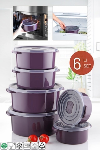 Nandy Home Mikrodalga ve Difrizde Kullanılabilen Yuvarlak Saklama Kabı Seti 6'lı Mürdüm