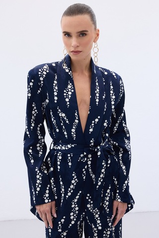 Sateen Desenli Uzun Ceket - Lacivert-136470 Lacivert
