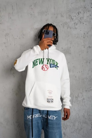 Veraura Lifestyle Erkek Baskılı Kapüşonlu Sweatshirt - Beyaz