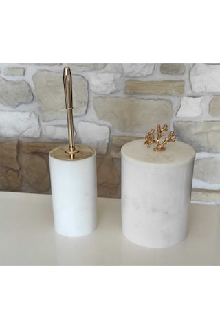 Beyaz Mermer Gold Mercan Aksesuarlı 2'li Banyo Seti Beyaz