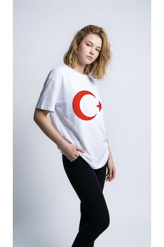 Hoxie Unisex Ay Yıldız Baskılı Beyaz T-shirt - Türk Bayrağı Tasarımlı Pamuklu Oversize Tişört