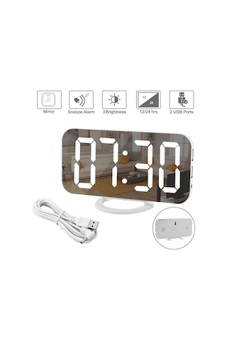 Aynalı Led Dijital Saat 2 Usb Hızlı Şarj Alarmlı Masa Saati
