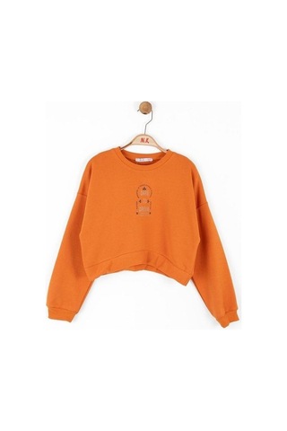 Kız Çocuk Pamuklu İki İplik Crop Sweatshirt-14706 Turuncu
