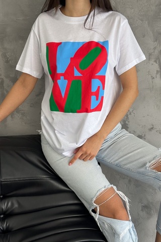Femelle Kadın Beyaz Love Baskılı Pamuk Tişört