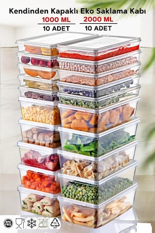 Ny Home 20'li Set Kendinden Kapaklı Derin Dondurucuya Uygun Saklama Kabı 1 Lt. Ve 2 Lt.