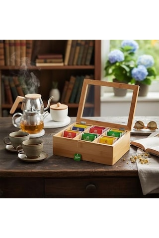 Bambu 6 Bölmeli Çay Kutusu -%100 Orjinal Bambu Mıknatıslı Kapak 21x16,5 X7cm