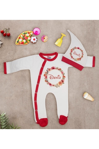 Bk Kids Kişiye Özel Çiçek Tasarımlı Kırmızı Tulum Zıbın Ve Kukule Çok Renkli