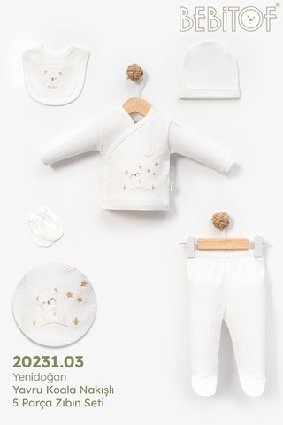 Bebitof %100 Pamuk Sevimli Yavru Koala Desenli 5 Parça Yenidoğan Hastane Çıkışı Zıbın Seti Bbtf.ekr.20231 Ekru
