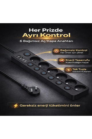 6 Lı Ayrı Anahtarlı Akım Korumalı Priz 3680w 16a 2 Usb 2 Type-c 2 Metre Kablolu Çoklu Priz 3 M