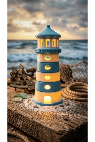 Dekoratif Tasarım Deniz Feneri Tealight - Açık Mavi - Beyaz Çok Renkli