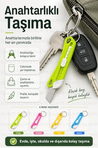 Mini Maket Bıçağı Anahtarlık Çelik Uç Sürgülü Kargo Koli Paket Zarf Açıcı Pratik Kesici Tekli 1 Adet