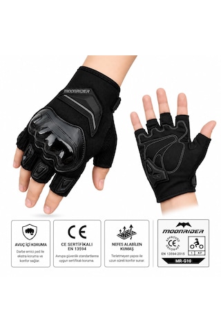 Moonrider Motosiklet Eldiveni Korumalı Unisex Yarım Parmak Eldiven En 13594 Sertifikalı Yazlık Nefes Alır Dokunmatik Uyumlu Kaydırmaz Koruyucu Motor Eldiveni Mr-g10 Siyah