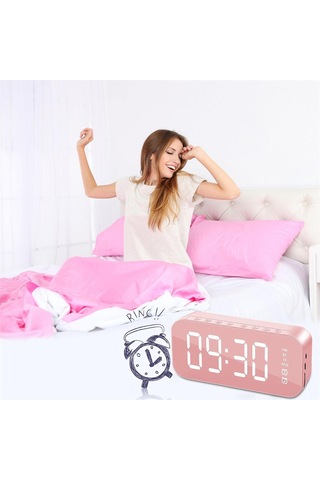 Lemestar Pembe Mini Masaüstü Müzik Çalar - Akıllı Alarm Saati, Led Ayna Ekranlı, 6 Saat Çalma Süresi, Bluetooth Hoparlör