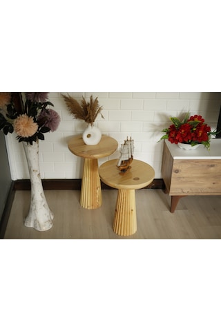 Ikili Ahşap Naturel Konik Yan Sehpa