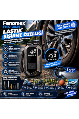 Fenomex Fnx-2026 18000 Mah 12v Taşınabilir 4'ü 1 Arada Akü Takviye Cihazı Ve Hava Kompresörü Powerbank Fener