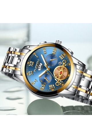 Novahub Fngeen 4001 Erkekler Kuvars Saat, Kahverengi Deri Altın Siyah Yüzey, Çok Renkli Fonksiyonlar Çok Renkli