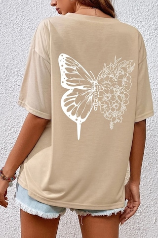 Unisex Drawing Butterflies Tasarım T-shirt Bej