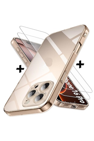 Apple Uyumlu iPhone Uyumlu 16 Pro Kılıf Korumalı Şeffaf Silikon +ekran Koruma Cam Set -