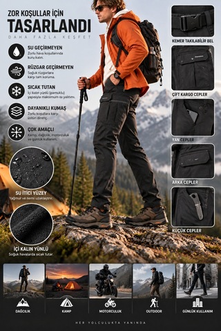 Dechers Erkek Kışlık Softshell İçi Polarlı Rüzgar, Soğuk & Su Geçirmez Taktik Pantolon - E232 Siyah