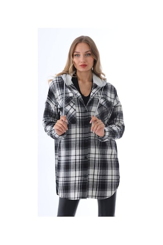 Polologin Butik Kadın Kapüşonlu Ekose Desenli Oduncu Gömlek Ceket - Uzun Tunik Boy Siyah
