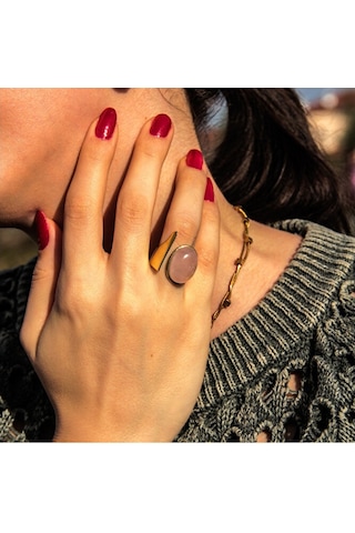 Doğal Taş Pembe Kuvars Ayarlanabilir Kadın Yüzük Aşk Taşı Euy2pk