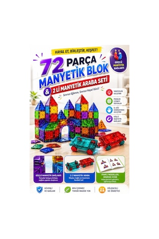 72 Parça Manyetik Yapı Blokları Ve 2'li Manyetik Araba Seti Eğitici Yapı Ve Tasarım Oyuncağı