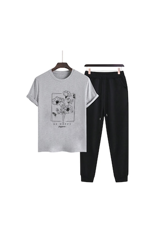 Uyguntarz Unisex Be Happy Tasarım Basklı Tshirt Eşofman Takımı Gri