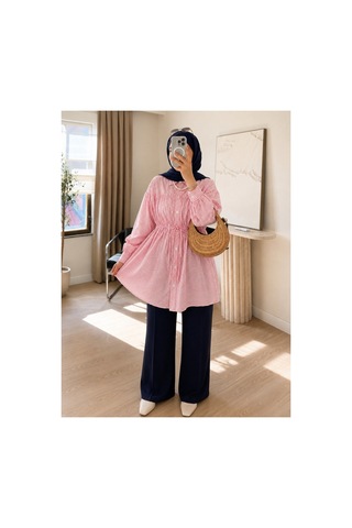 Unika Boutique Beli Büzgülü Çizgili Tesettür Gömlek Pembe