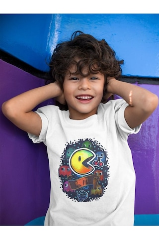 Sevbano Pacman Baskılı Unisex Oyun Çocuk Tişört 1-12 Yaş Beyaz