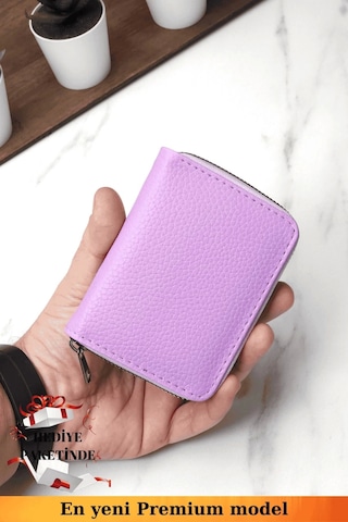 Unisex Vegan Deri Fermuarlı Lila Cüzdan Kartlık Ve Portföy Hediye Paketinde Siyah