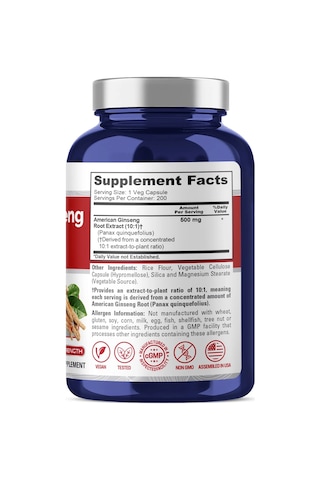 American Ginseng 10:1 Extract 500 Mg 200 Veg Capsules Max Strength