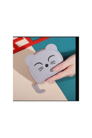 Organıcyou Ganzu Sevimli Karikatür Kedi Mini Cüzdan - Çoklu Kart Yuvalı, Fermuarlı Mor