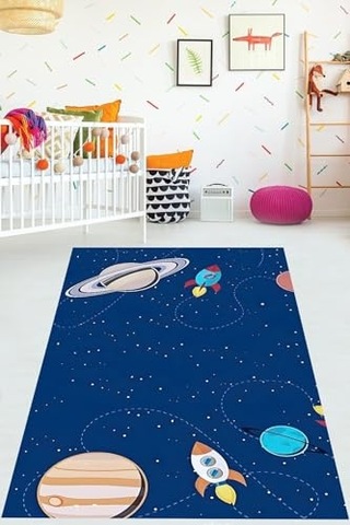 Pelangi Gezegen Desenli Eğitici Yıkanabilir Kaymaz Taban Leke Tutmaz Çocuk Odası Halısı, Lacivert 60 X 120, 907642 Çok Renkli